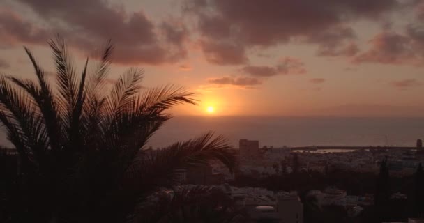 Timelapse em Tenerife, na Espanha. Vista de Santa Cruz de Tenerife. Nuvens vermelhas, amarelas e laranja do nascer do sol . — Vídeo de Stock