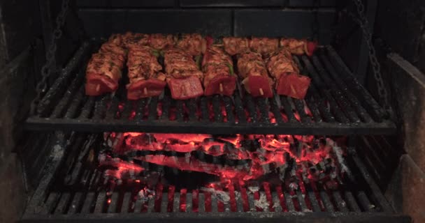 Tiro de perto de grelhar carne de frango no grelhador. Grillng assar em grelhador de churrasco . — Vídeo de Stock