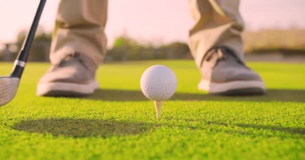 Az ember golfozik és labdázik a lyukba. Közelkép. — Stock videók