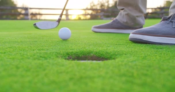 男はゴルフをプレイし、穴にボールを入れて.閉鎖. — ストック動画
