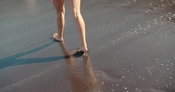 Piernas de mujer en la playa de arena. Chica caminando sobre la arena junto al mar . — Vídeo de stock