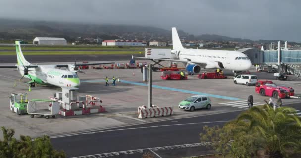 FEBRUARY 15th, 2020 - TENERIFE, CANARY ISLANDS, SPAIN: Timelapse of the on-site handling of an airplane at the airport. Airport service. — Wideo stockowe
