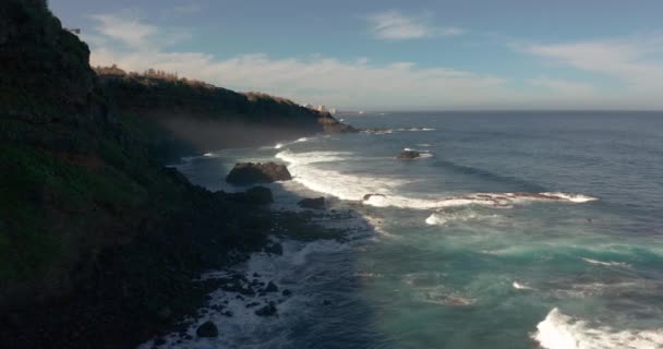 Aerial view. Wonderful endless ocean view with white waves breaking on black beach. Volcanic island of Tenerife. — Stockvideo