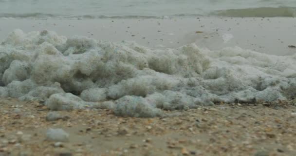 Espuma marinha contaminada na costa. Poluição por produtos químicos tóxicos, conceito de mar sujo . — Vídeo de Stock