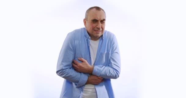 Stomach pains, stomach problems male on whitebackground. — Stock Video