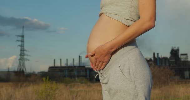 Gravid flicka i bakgrunden av ett företag förorenar atmosfären. Begreppet global förorening av miljö och luft, den framtida generationen står på spel. — Stockvideo
