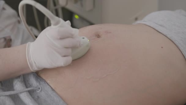 Лікар робить ультразвук, сонограму процедуру вагітній жінці. крупним планом . — стокове відео