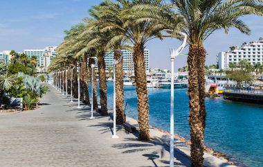 Eilat, İsrail 7 Kasım 2017: parklarla, modern otel kompleksleri, avuç içi, kafeler, restoranlar ve alışveriş merkezleri ile marina girişine. Eilat - ünlü tatil ve eğlence İsrail şehirde