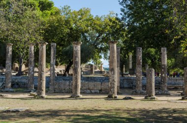 Olympia, Yunanistan - 31 Ekim 2017: Ancient Olympia, özgün Olimpiyat Oyunları, Peloponnes, Yunanistan sitenin kalıntıları