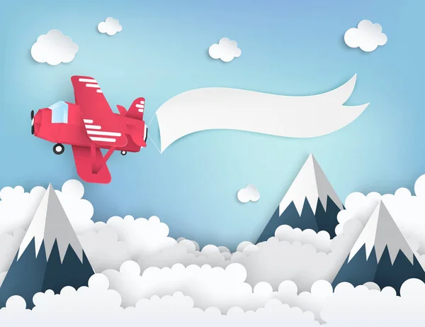 Paper art background with paper clouds, high mountains, red airplane