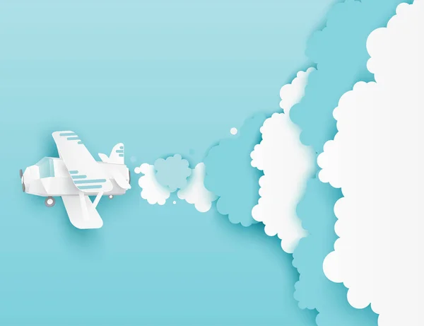 Modern paper art clouds and flying airplane. Cute cartoon fluffy clouds