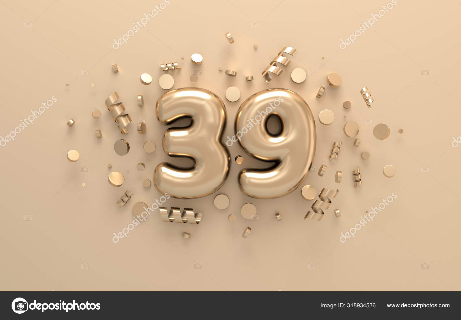Golden 3d number 39 with festive confetti and spiral ribbons. Stock