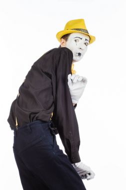 Af olduğunu gösteren, pandomim karmaşa içinde bir adam portresi