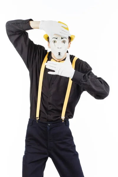 Portrait of a man, MIME, looking at camera and showing frame fin — Stock Photo, Image