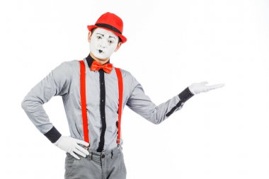 Bir adam portresi sanatçı, palyaço, MIME. İzole bir şey gösterir