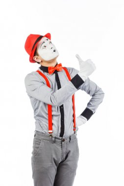 Bir adam portresi sanatçı, palyaço, MIME. İzole bir şey gösterir
