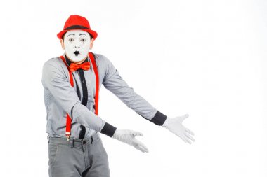 Bir adam portresi sanatçı, palyaço, MIME. İzole bir şey gösterir
