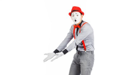 Bir adam portresi sanatçı, palyaço, MIME. İzole bir şey gösterir
