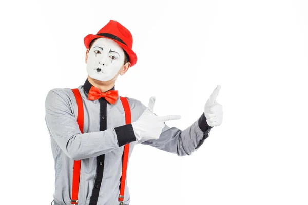 Retrato de um homem, artista, palhaço, MIME. Mostra algo, isolado — Fotografia de Stock