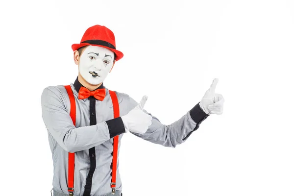 Porträtt av en man, konstnär, clown, Mime. Visar något, isolerade — Stockfoto