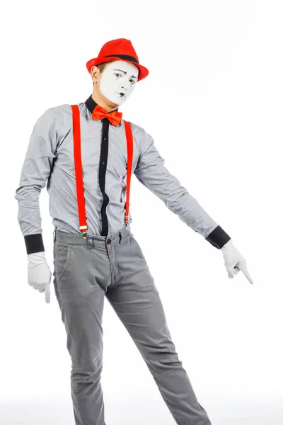 Portrait of a man, artist,clown, MIME. Shows something, isolated — Stock Photo, Image