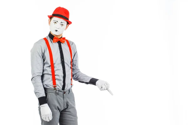 Portrait of a man, artist,clown, MIME. Shows something, isolated — Stock Photo, Image