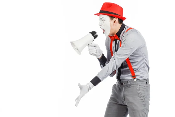 Clown, MIME, con in mano un Megafono. L'espressione delle emozioni. Su — Foto Stock