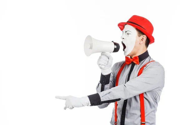 Clown, MIME, con in mano un Megafono. L'espressione delle emozioni . — Foto Stock