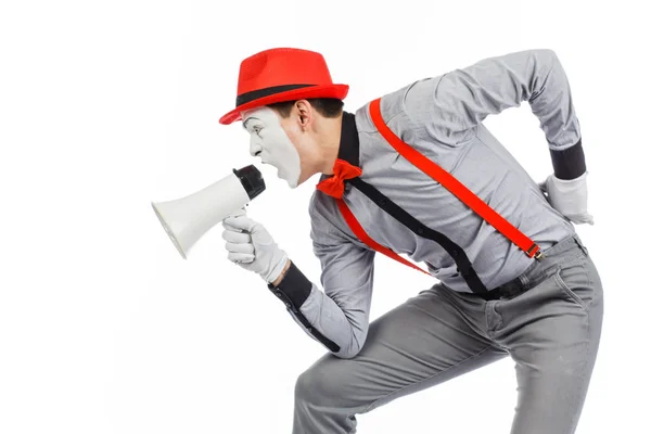 Palhaço, MIME, segurando um Megafone. A expressão das emoções . — Fotografia de Stock