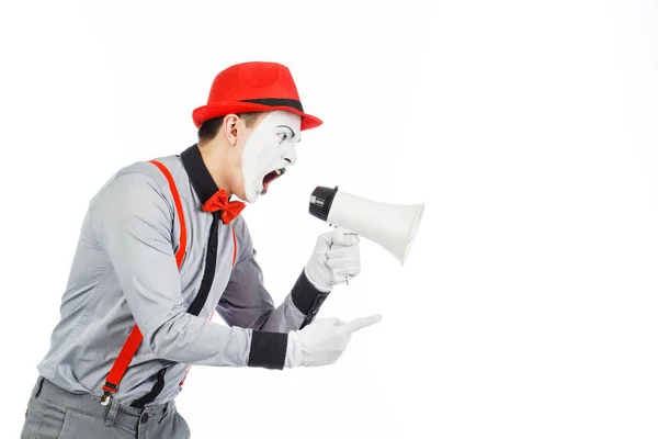 Palhaço, MIME, segurando um Megafone. A expressão das emoções . — Fotografia de Stock