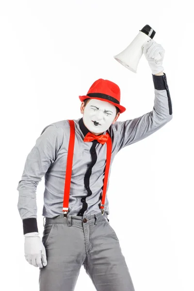 Clown, MIME, holding a Megaphone. The expression of emotions. — Stock Photo, Image