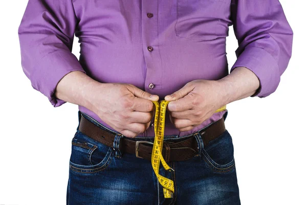 Thick mature man measuring his belly with a measuring tape, isol — Stock Photo, Image