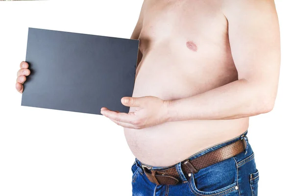 Hombre de estómago grueso sosteniendo una pizarra con la palabra trabajo, isola —  Fotos de Stock
