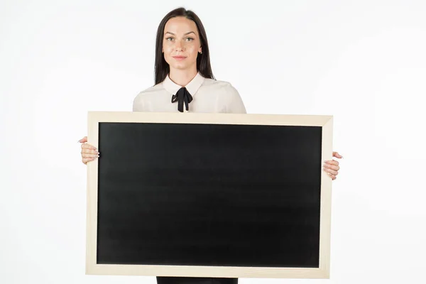 Portrait of a student, girl, holding a blank billboard. — Stock Photo, Image