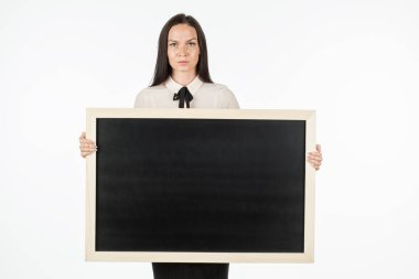 Bir öğrenci, kız, boş bir Pano tutan portresi. 