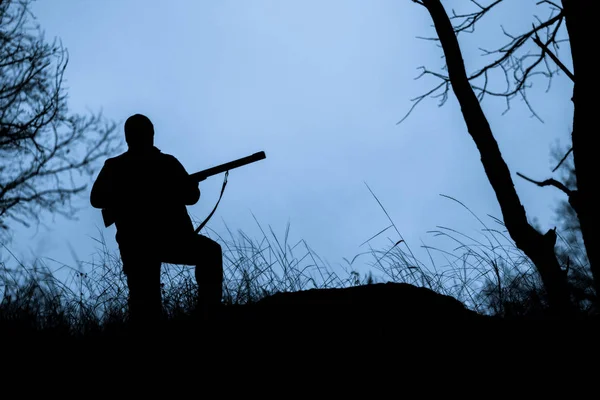 Sziluettjét a fegyvert egy vadász. Vadászat — Stock Fotó