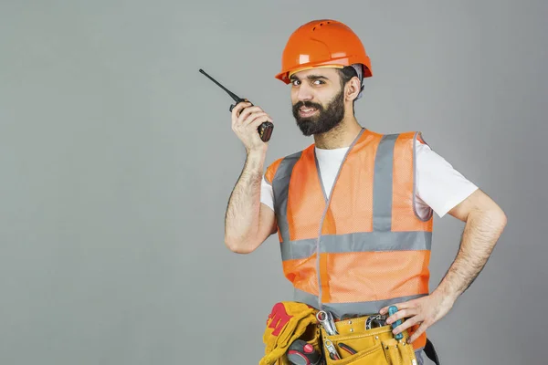 Syrian Man Builder Walkie Talkie His Hands Gray Background — Stock Photo, Image