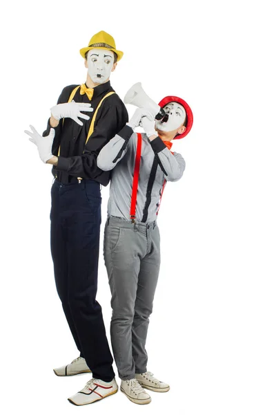 Zwei Clowns Pantomime Schrilles Megafon Ausdruck Von Emotionen Isoliert Auf — Stockfoto