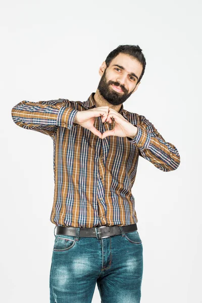 Hombre Hace Corazón Las Manos Sobre Fondo Blanco —  Fotos de Stock