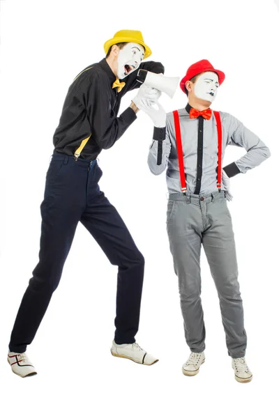 Two clown, MIME, flashy Megaphone. The expression of emotions. I — Stock Photo, Image