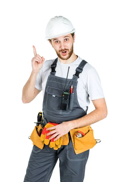 Een Bouwer Een Werknemer Een Beschermende Helm Weerspiegeld Achtergrond Van — Stockfoto