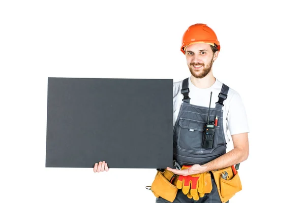 Full Length Portrait Male Construction Worker White Blank Banner White — Stock Photo, Image