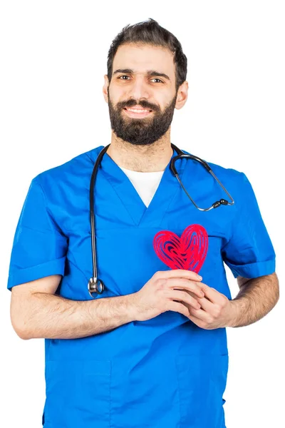 Medico Maschio Con Cuore Rosso Mano Concetto Persone Medicina Sfondo — Foto Stock