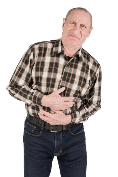 Elderly man with stomach pain isolated on a white background — Stock Photo, Image