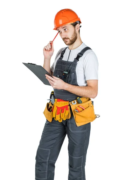 Builder Writes Clipboard Isolated White Background — Stock Photo, Image