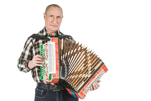 Portrait Man Grandfather Playing Accordion Isolated White Background — Stock Photo, Image