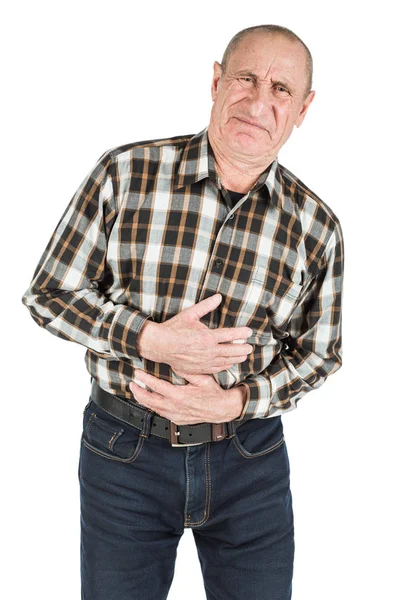 Oudere Man Met Maagpijn Geïsoleerd Een Witte Achtergrond — Stockfoto