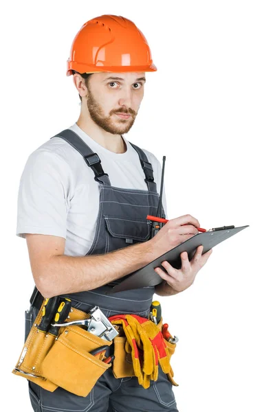 Builder Writes Clipboard Isolated White Background — Stock Photo, Image