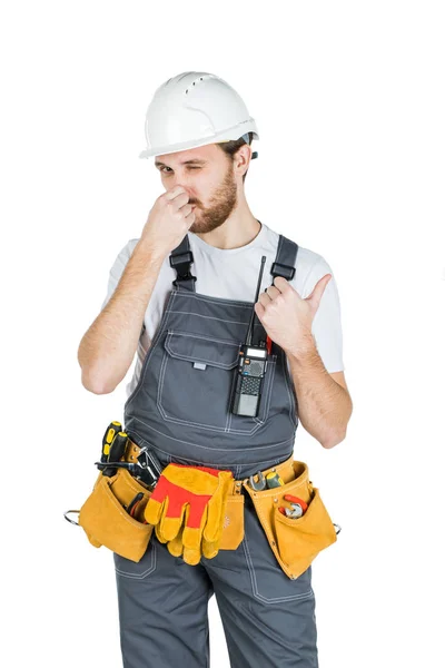 Builder Employee Protective Helmet Keeps Nose Bad Smell Isolated White — Stock Photo, Image