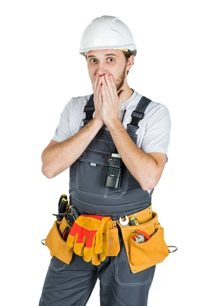 Builder Employee Protective Helmet Shocked Frightened Isolated White Background — Stock Photo, Image